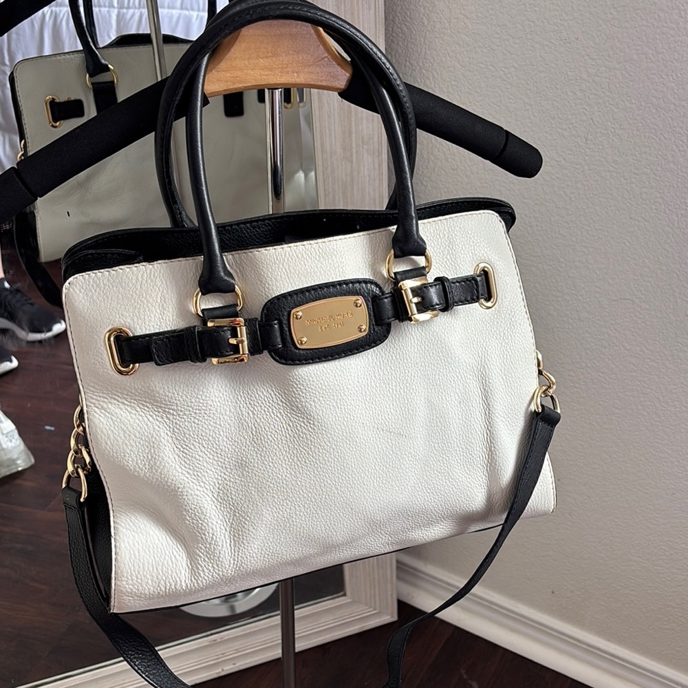 MICHAEL Michael Kors White and Black Satchel with Elegant Gold Accents
